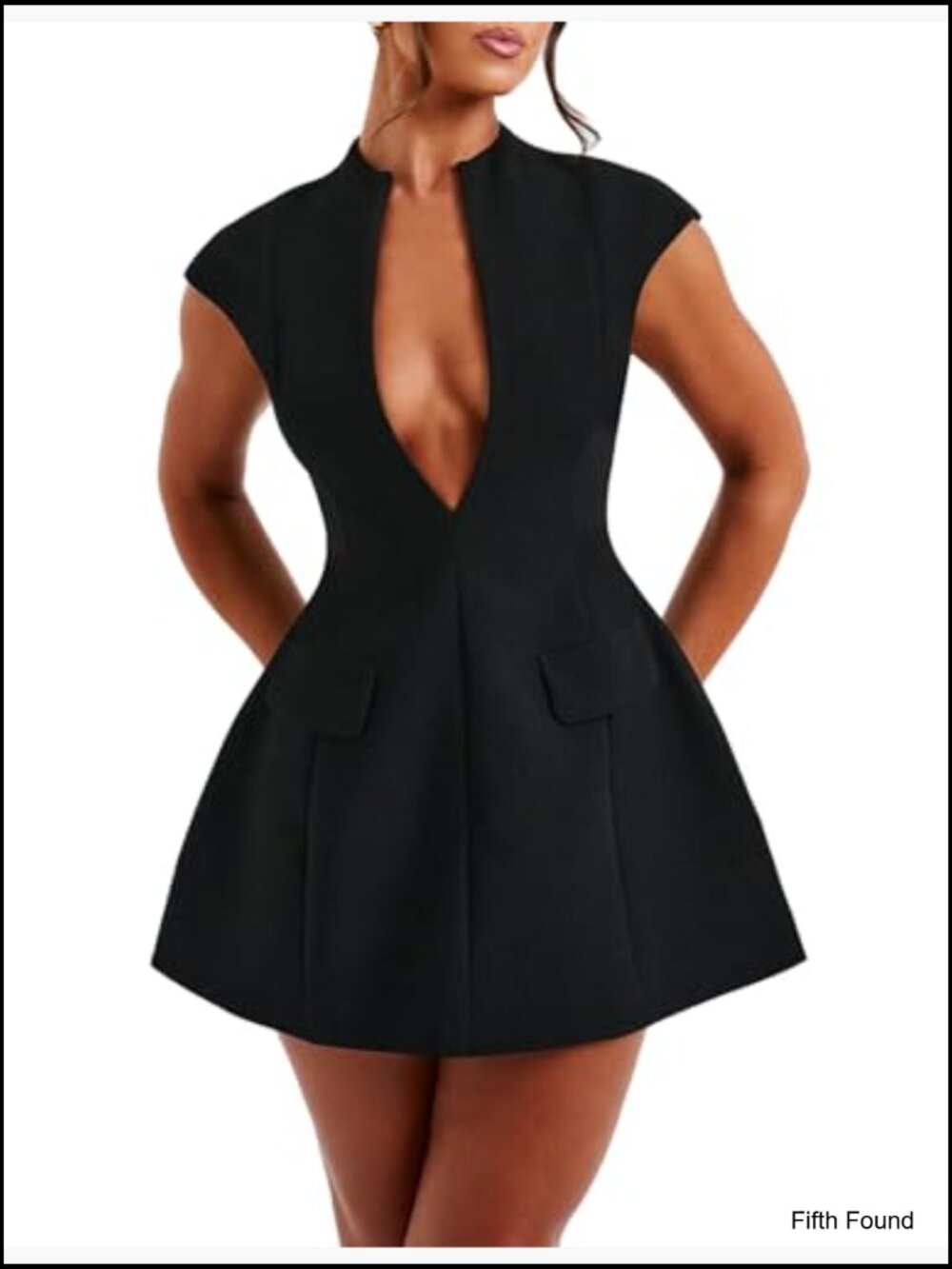 Cap Sleeve Deep V Neck Zipper A-line Mini Dress Night Out Party - Picture 7 of 7